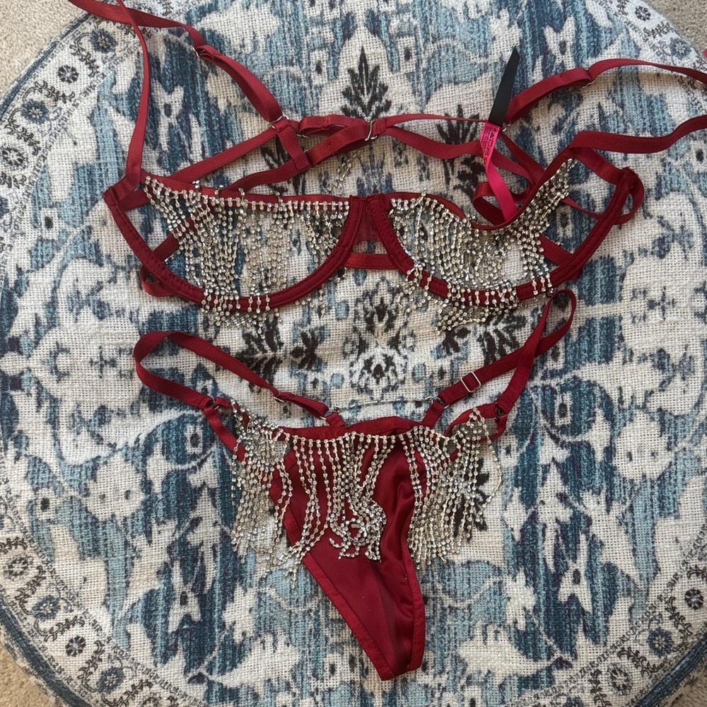 Women's Burgundy Rhinestone Fringe Lingerie Set